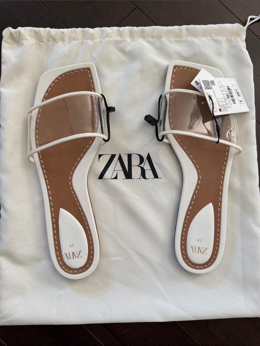 ZARA White Slide Sandals with Clear Straps and Tan Footbed